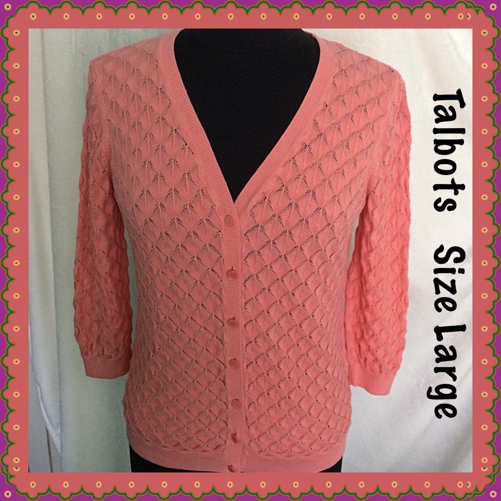 Talbots Coral Openwork V-Neck Cardigan Sweater